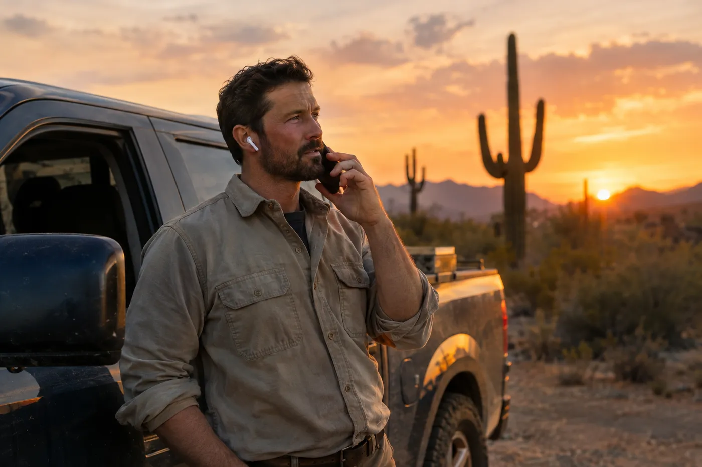 Contractor taking a business call on his smartphone beside a pickup truck at a desert job site at sunset