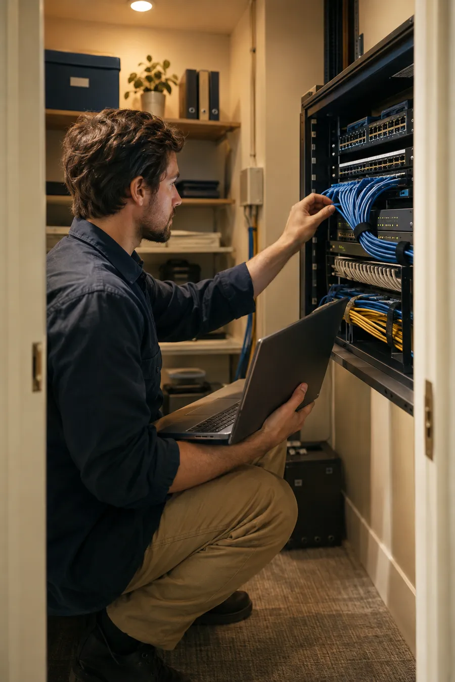 Technician patching network cables into a wall-mounted rack in a small office closet