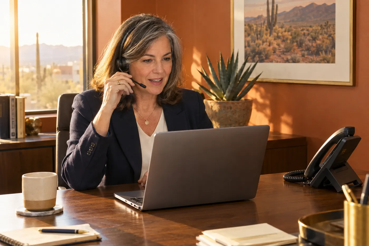 Accountant in a Phoenix office talking on a wireless headset beside a desk phone