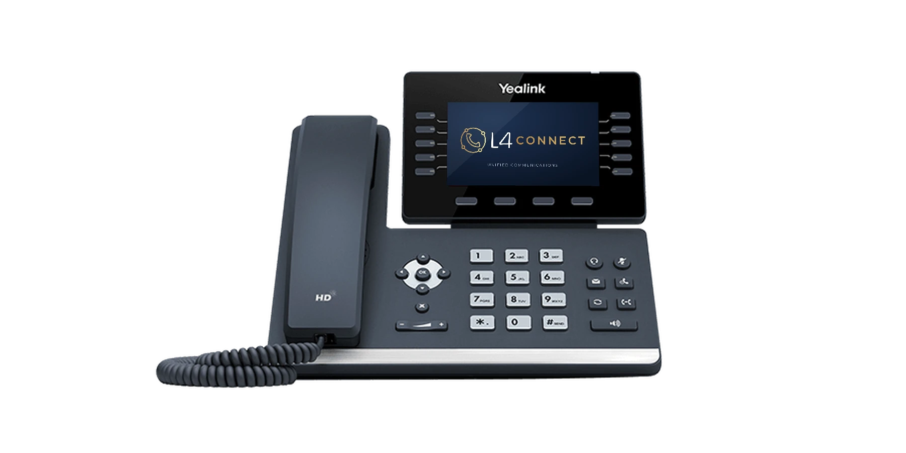 Yealink SIP-T54W desk phone displaying the L4 Connect logo on its screen