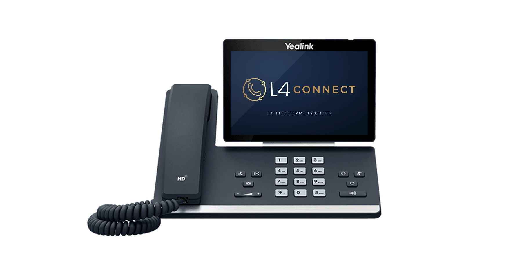 Yealink SIP-T57W desk phone displaying the L4 Connect logo on its touch screen